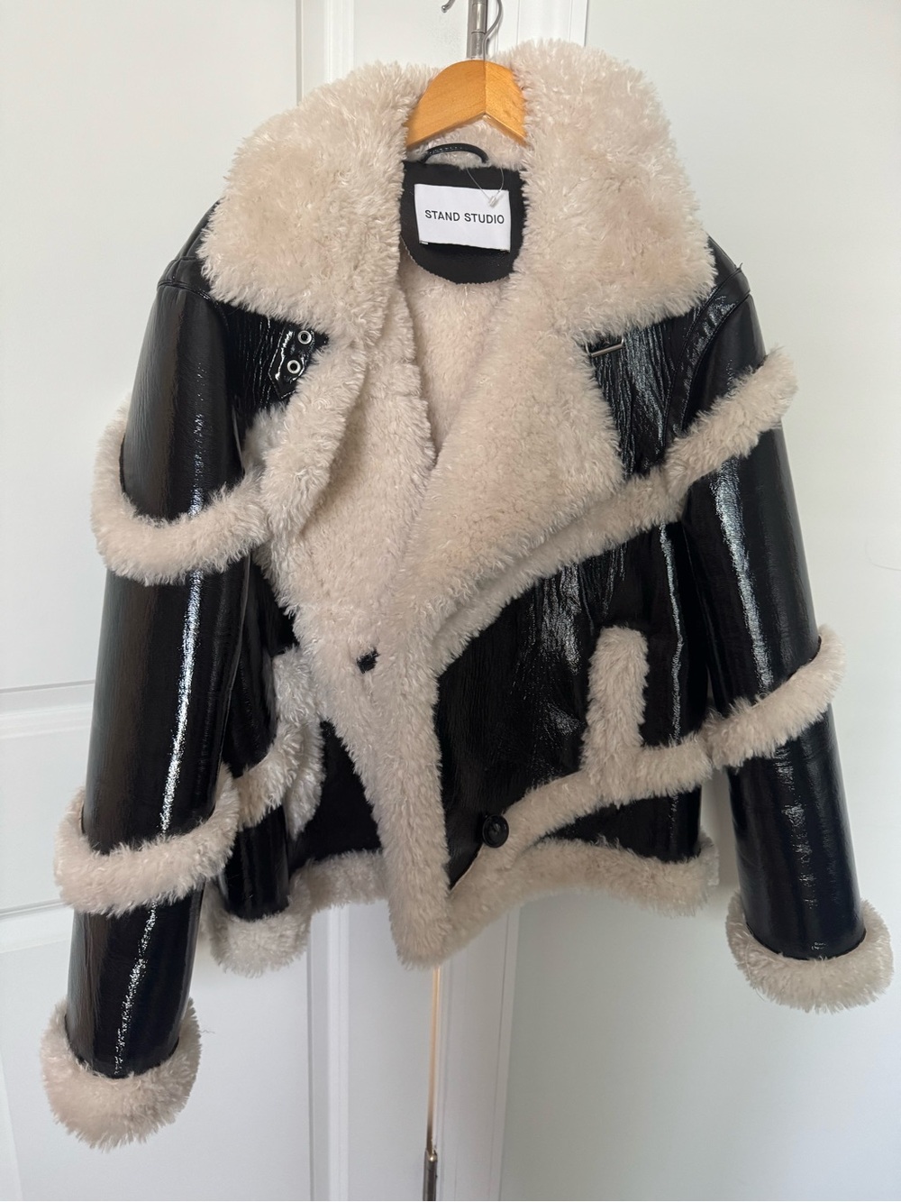 Stand Studio Black Patent Jacket with Cream Shearling Trim